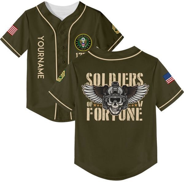 Custom Olive Skull Soldiers Of Fortune 1776 U.S Army Military Rank Name Baseball Jersey