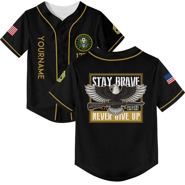 Custom Black Eagle Stay Brave Never Give Up 1776 U.S Army Military Rank Name Baseball Jersey