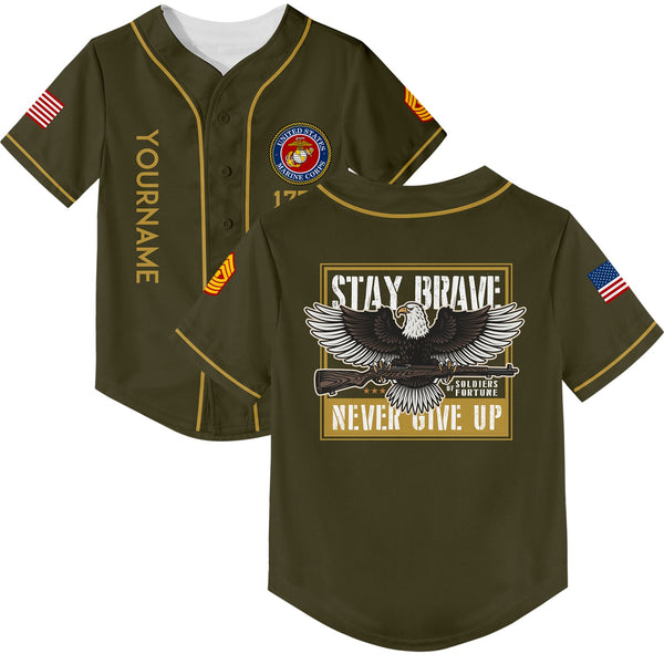 Custom Olive Eagle Stay Brave Never Give Up 1776 U.S Marine Corps Military Rank Name Baseball Jersey
