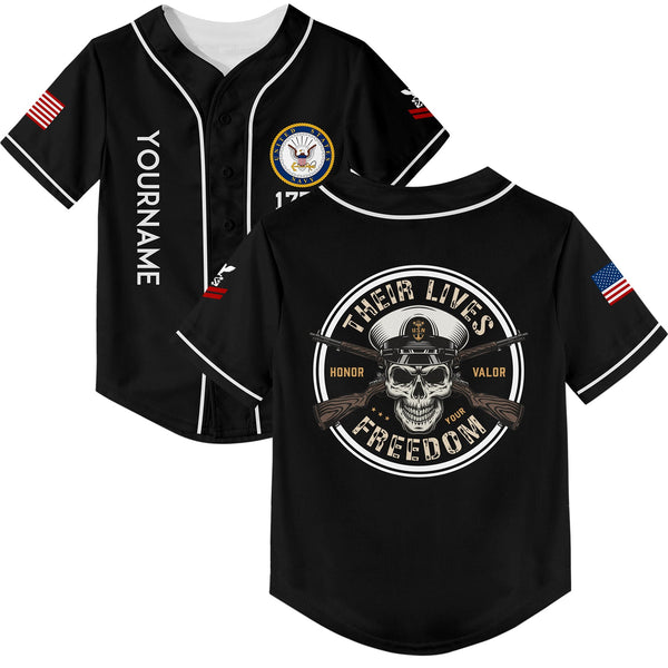 Custom Black Skull Their Lives Freedom 1776 U.S Navy Military Rank Name Baseball Jersey