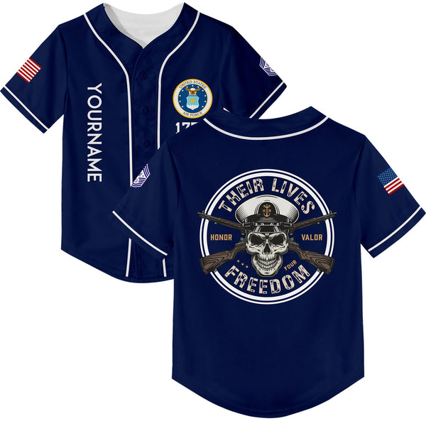 Custom Navy Skull Their Lives Freedom 1776 U.S Air Force Military Rank Name Baseball Jersey