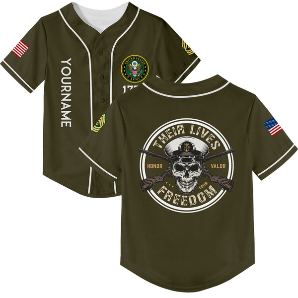 Custom Olive Skull Their Lives Freedom 1776 U.S Army Military Rank Name Baseball Jersey