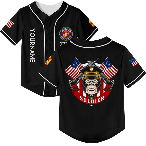 Custom Black Orangutan Soldier 1776 American Flag U.S Marine Corps Military Rank Name Baseball Jersey