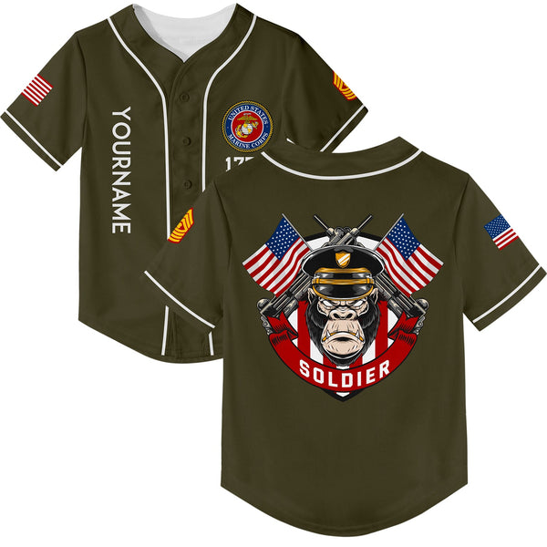 Custom Olive Orangutan Soldier 1776 American Flag U.S Marine Corps Military Rank Name Baseball Jersey