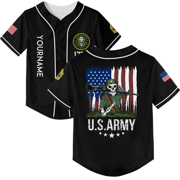 Custom Black Skull Soldier 1776 American Flag U.S Army Military Rank Name Baseball Jersey