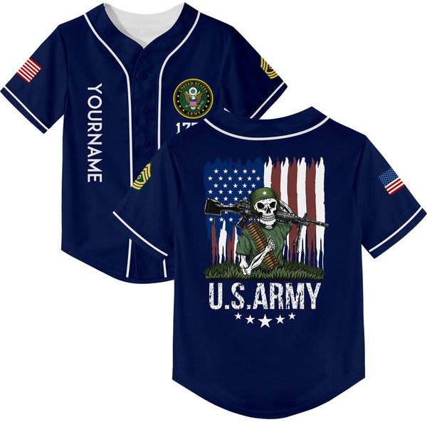 Custom Navy Skull Soldier 1776 American Flag U.S Army Military Rank Name Baseball Jersey