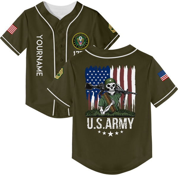 Custom Olive Skull Soldier 1776 American Flag U.S Army Military Rank Name Baseball Jersey