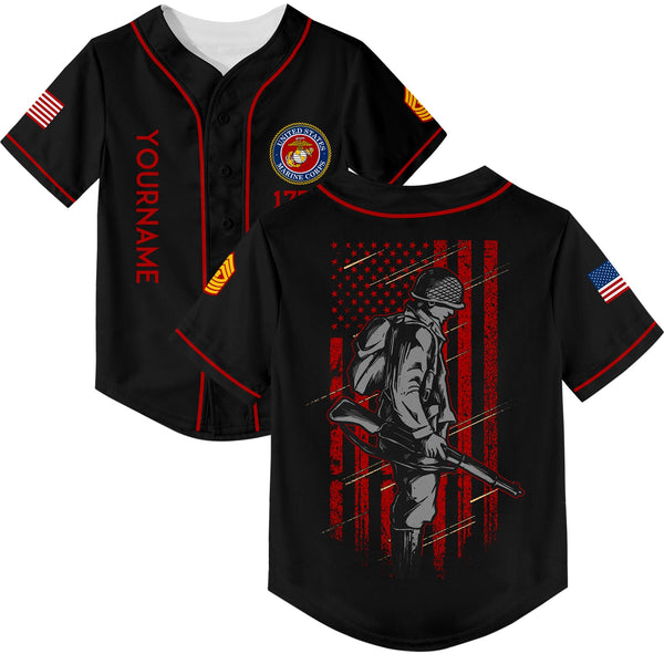 Custom Black 1776 American Flag U.S Marine Corps Military Rank Name Baseball Jersey