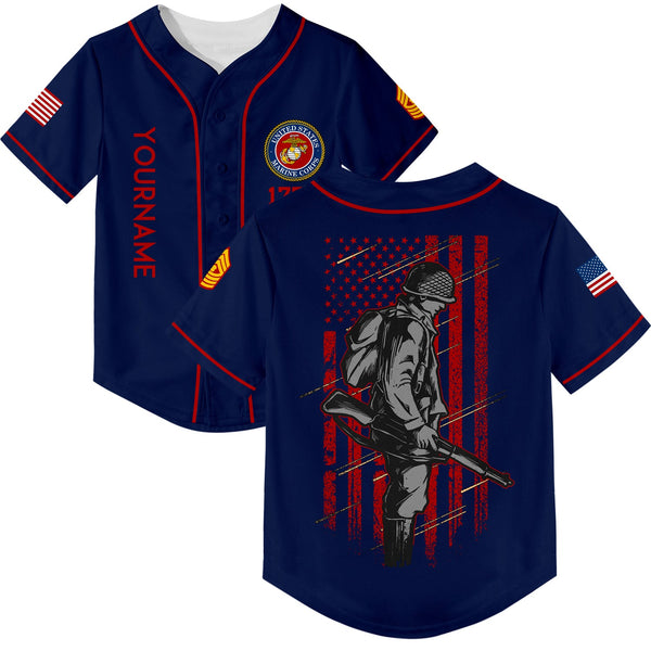 Custom Navy 1776 American Flag U.S Marine Corps Military Rank Name Baseball Jersey