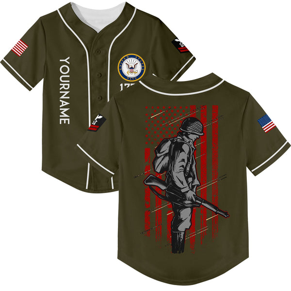 Custom Olive 1776 American Flag U.S Navy Military Rank Name Baseball Jersey