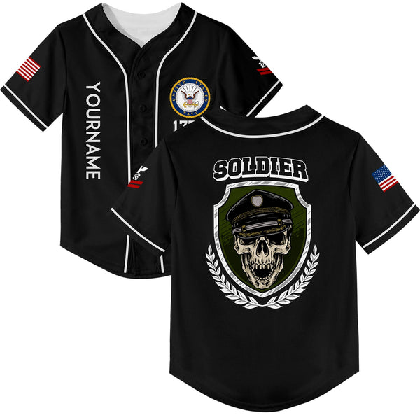 Custom Black Skull Soldier 1776 U.S Navy Military Rank Name Baseball Jersey