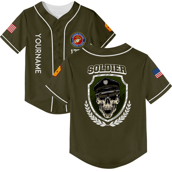 Custom Olive Skull Soldier 1776 U.S Marine Corps Military Rank Name Baseball Jersey