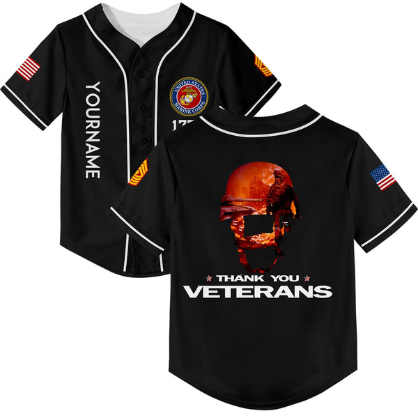 Custom Black Thank You Veterans 1776 U.S Marine Corps Military Rank Name Baseball Jersey