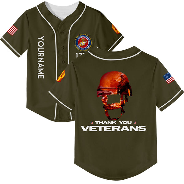 Custom Olive Thank You Veterans 1776 U.S Marine Corps Military Rank Name Baseball Jersey