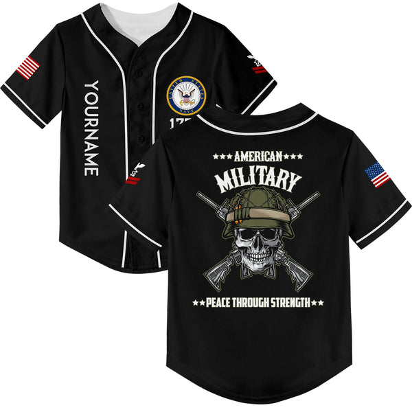 Custom Black Skull Peace Through Strength 1776 U.S Navy Military Rank Name Baseball Jersey