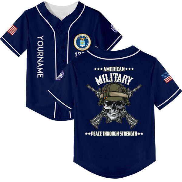 Custom Navy Skull Peace Through Strength 1776 U.S Air Force Military Rank Name Baseball Jersey