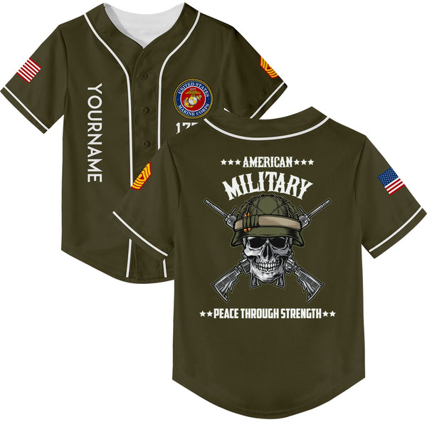 Custom Olive Skull Peace Through Strength 1776 U.S Marine Corps Military Rank Name Baseball Jersey
