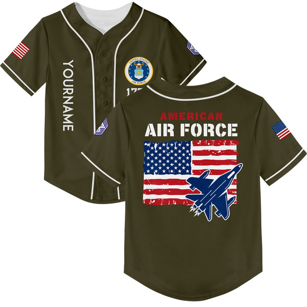 Custom Olive 1776 American Flag U.S Air Force Military Rank Name Baseball Jersey