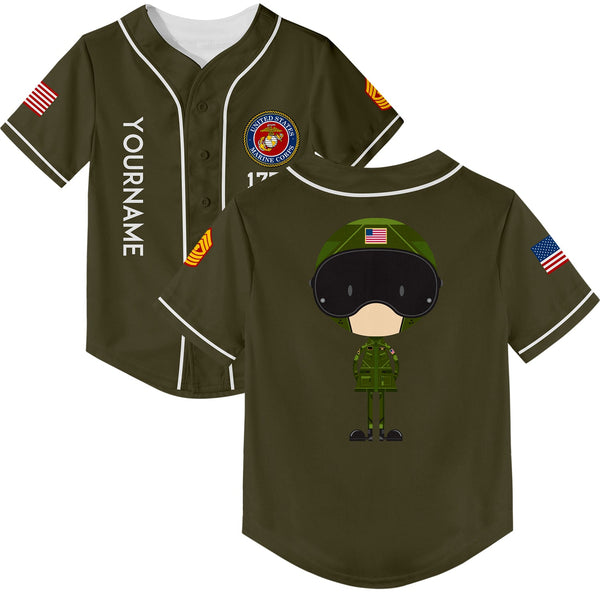 Custom Olive Cartoon 1776 U.S Marine Corps Military Rank Name Baseball Jersey