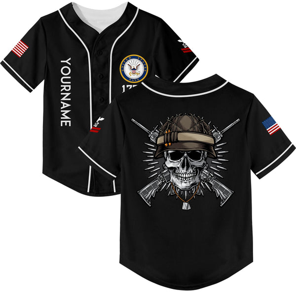 Custom Black Skull 1776 U.S Navy Military Rank Name Baseball Jersey