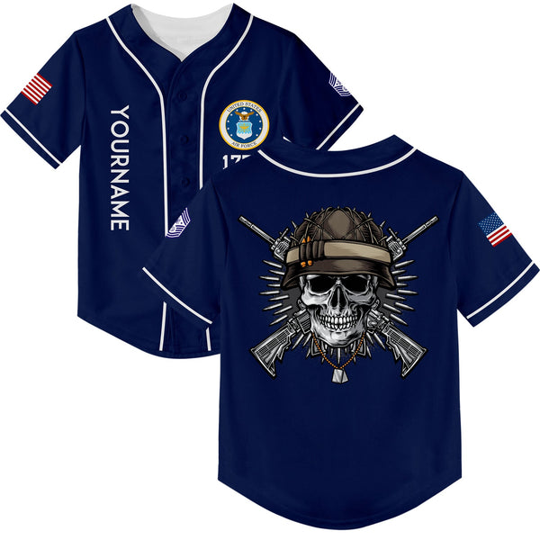 Custom Navy Skull 1776 U.S Air Force Military Rank Name Baseball Jersey