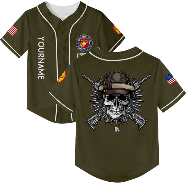 Custom Olive Skull 1776 U.S Marine Corps Military Rank Name Baseball Jersey