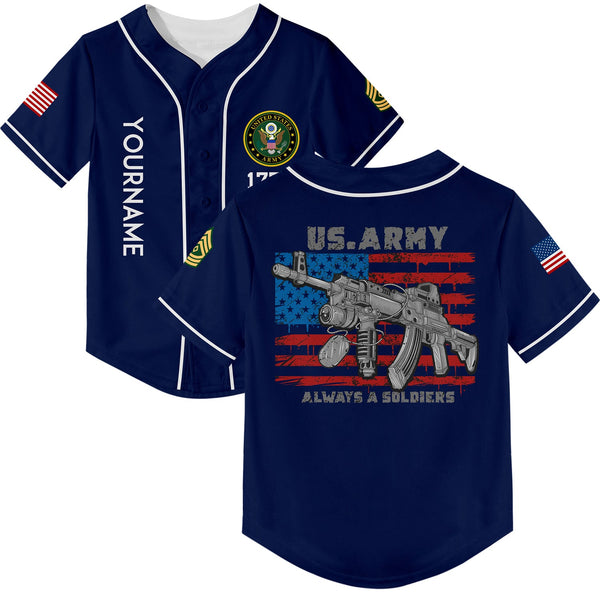Custom Navy Always A Soldiers 1776 American Flag U.S Army Military Rank Name Baseball Jersey