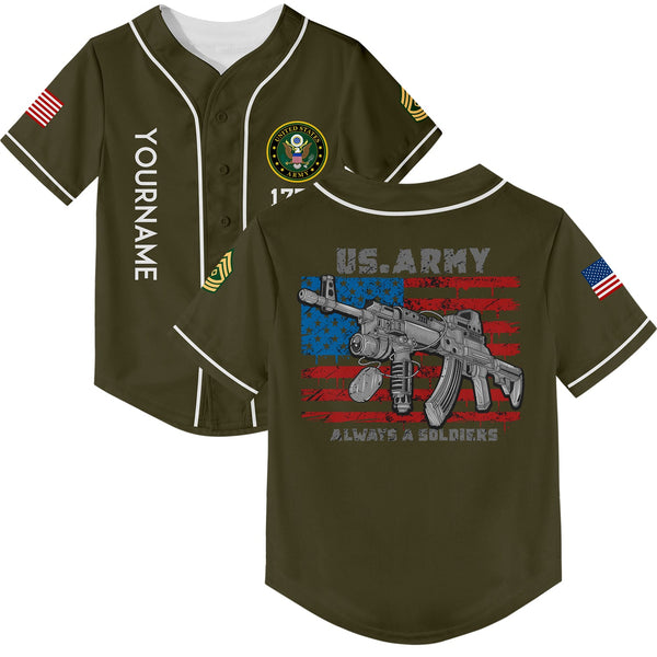 Custom Olive Always A Soldiers 1776 American Flag U.S Army Military Rank Name Baseball Jersey