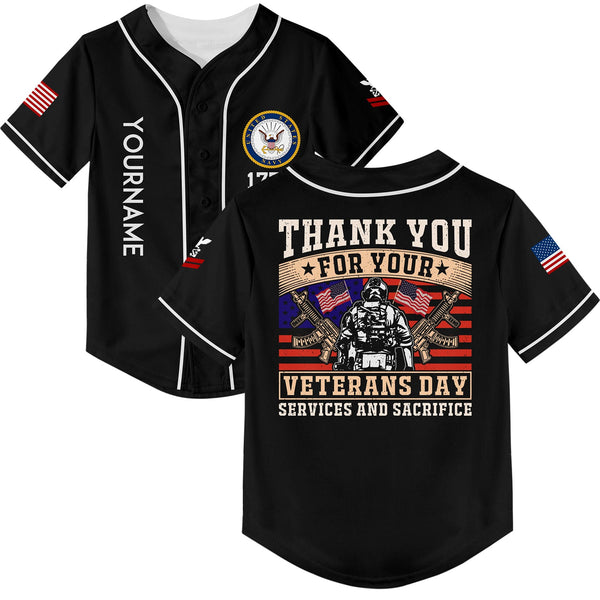 Custom Black Thank You For Your Services And Sacrifice 1776 American Flag U.S Navy Military Rank Name Veterans Day Baseball Jersey