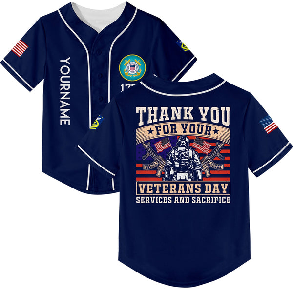 Custom Navy Thank You For Your Services And Sacrifice 1776 American Flag U.S Coast Guard Military Rank Name Veterans Day Baseball Jersey