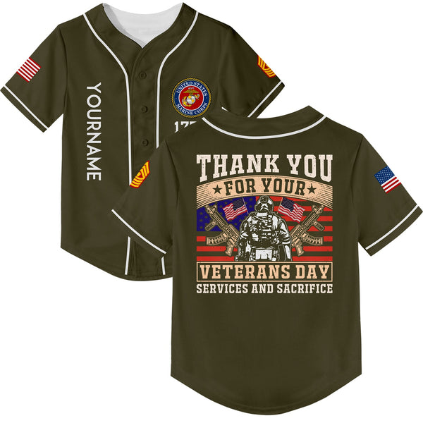 Custom Olive Thank You For Your Services And Sacrifice 1776 American Flag U.S Marine Corps Military Rank Name Veterans Day Baseball Jersey