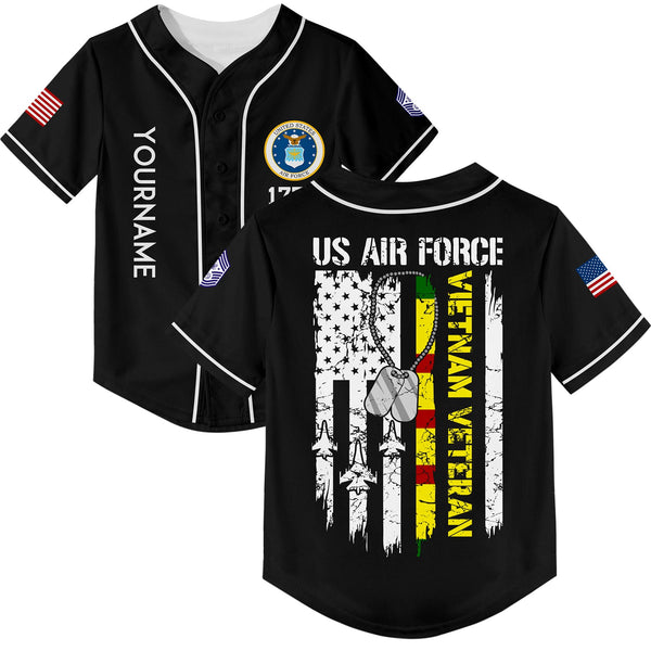 Custom Black Vietnam Veteran 1776 American Flag U.S Air Force Military Rank Name Veterans Day Baseball Jersey
