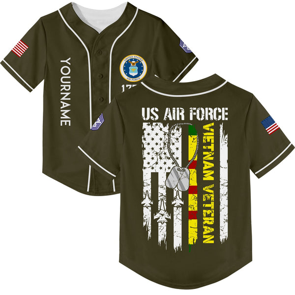 Custom Olive Vietnam Veteran 1776 American Flag U.S Air Force Military Rank Name Veterans Day Baseball Jersey