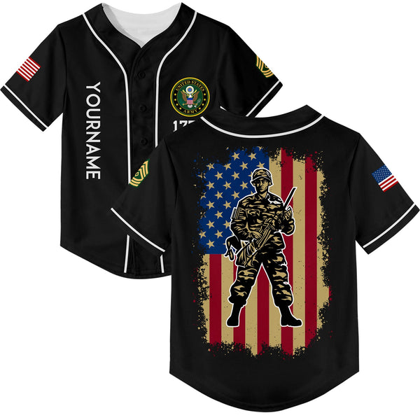 Custom Black 1776 American Flag U.S Army Military Rank Name Baseball Jersey