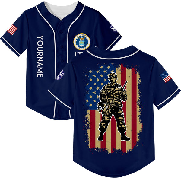 Custom Navy 1776 American Flag U.S Air Force Military Rank Name Baseball Jersey