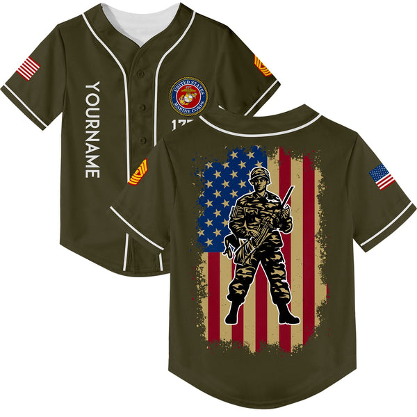 Custom Olive 1776 American Flag U.S Marine Corps Military Rank Name Baseball Jersey