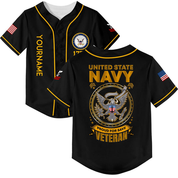 Custom Black Veterans 1776 American Flag U.S Navy Military Rank Name Baseball Jersey