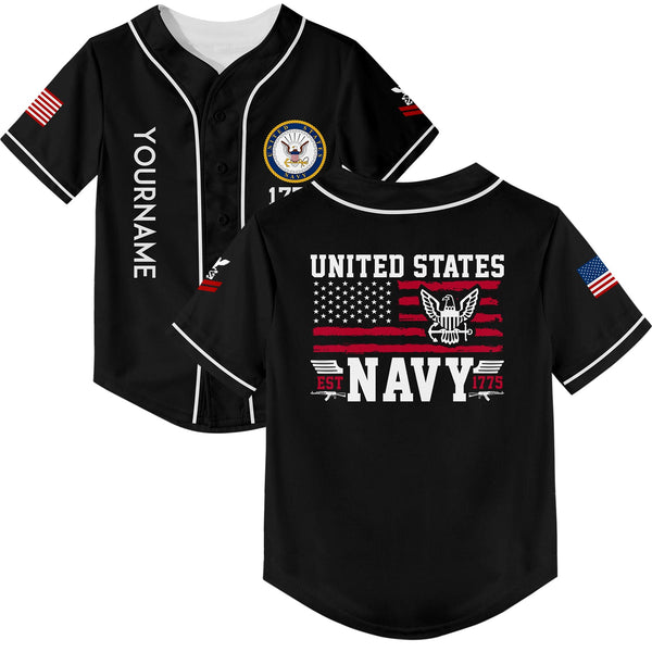 Custom Black Est 1775 American Flag U.S Navy Military Rank Name Baseball Jersey