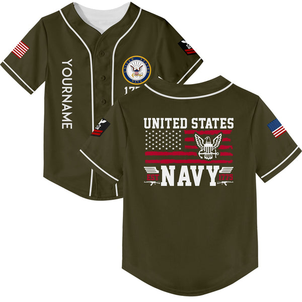 Custom Olive Est 1775 American Flag U.S Navy Military Rank Name Baseball Jersey