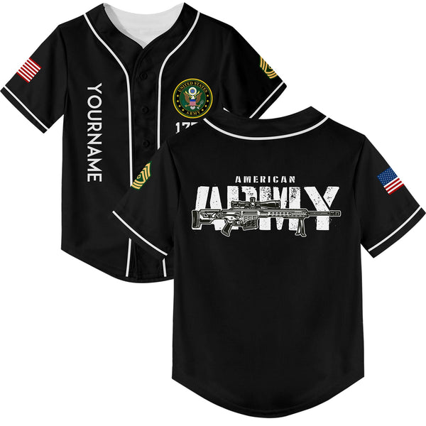 Custom Black Barrett 1776 American Flag U.S Army Military Rank Name Baseball Jersey