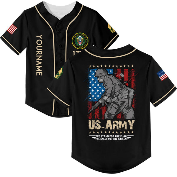 Custom Black We Stand For The Flag We Kneel For The Fallen 1776 American Flag U.S Army Military Rank Name Baseball Jersey