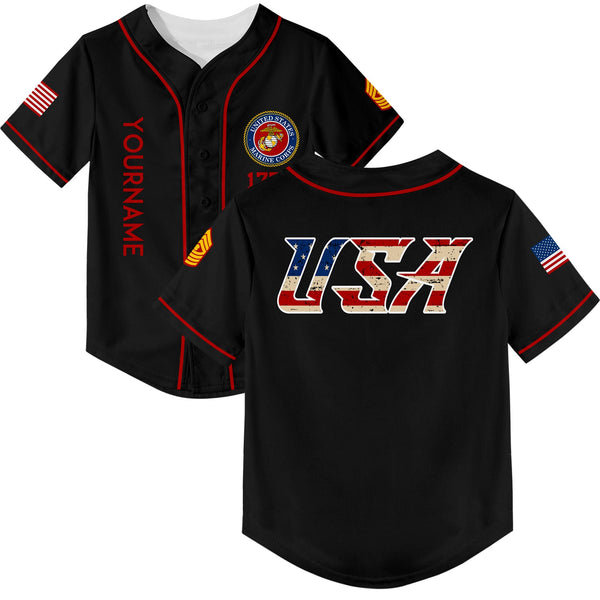Custom Black USA 1776 American Flag U.S Marine Corps Military Rank Name Baseball Jersey