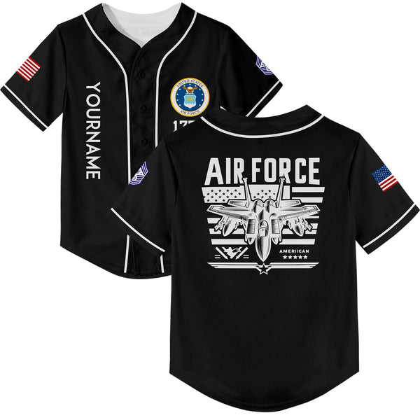 Custom Black Fighter 1776 American Flag U.S Air Force Military Rank Name Baseball Jersey