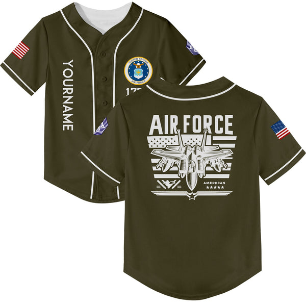Custom Olive Fighter 1776 American Flag U.S Air Force Military Rank Name Baseball Jersey