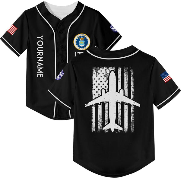 Custom Black Fighter 1776 American Flag U.S Air Force Military Rank Name Baseball Jersey