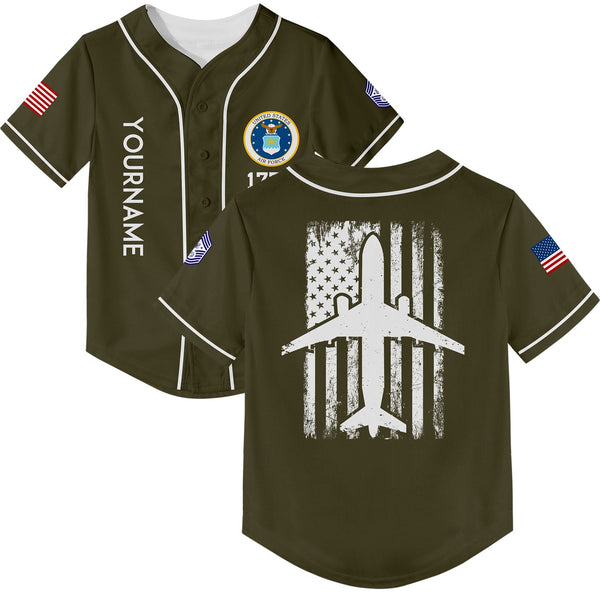 Custom Olive Fighter 1776 American Flag U.S Air Force Military Rank Name Baseball Jersey