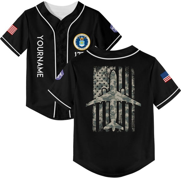 Custom Black Fighter 1776 American Flag U.S Air Force Military Rank Name Baseball Jersey