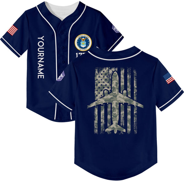 Custom Navy Fighter 1776 American Flag U.S Air Force Military Rank Name Baseball Jersey