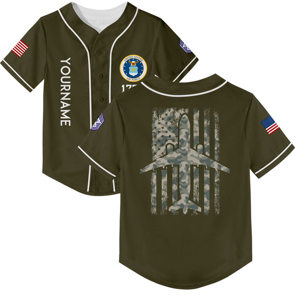 Custom Olive Fighter 1776 American Flag U.S Air Force Military Rank Name Baseball Jersey