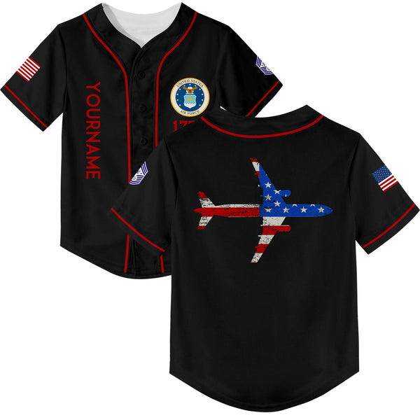 Custom Black Fighter 1776 American Flag U.S Air Force Military Rank Name Baseball Jersey